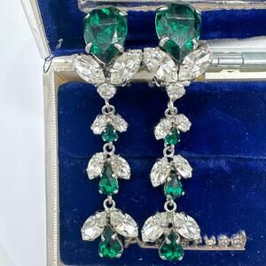 West Germany vintage silver tone clear emerald green rhinestones clip earrings